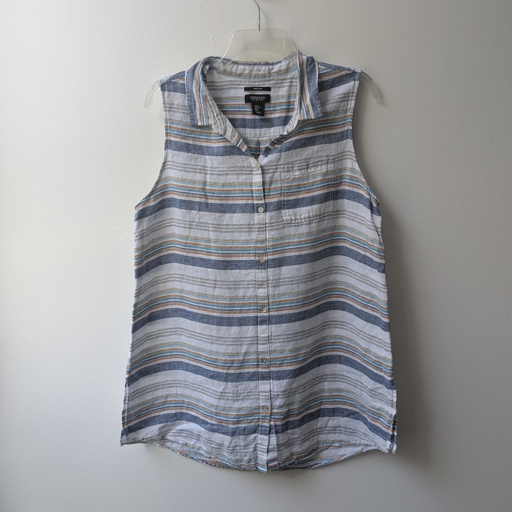 Jones NY 100% Linen Sleeveless Top White Blue Striped Lg Coastal Preppy Classic